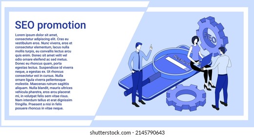 SEO promotion.Search technologies in the conditions of modern business.The illustration in the style of the landing page is blue.