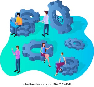 SEO promotion.Startup and data analysis.People and gears.SEO targeting and SEO monitoring.3d image.Isometric vector illustration.
