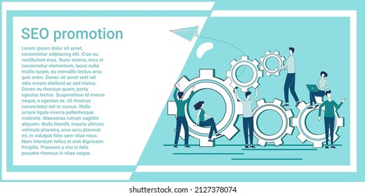 SEO promotion.Teamwork and business promotion.An illustration in the style of a green landing page.
