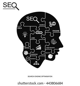 SEO puzzle head, vector. Isolated on white