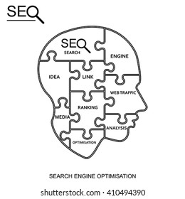 SEO puzzle head, vector Search engine optimization, isolated on white
