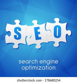 SEO in puzzle pieces, search engine optimization text over blue background, flat design, business technology concept words, vector