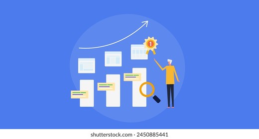 SEO ranking analysis, Business people with SEO report, Website ranking on search engine result page, Number1 website rank - vector illustration with icons