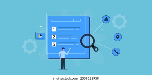 SEO ranking analysis concept, Business people SEO analytics, Competitor SEO ranking analysis, Search engine optimization - vector illustration with character and icons