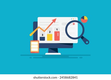 SEO-Ranking-Analyse, Überwachung der Website-Ranking auf der Suchmaschine, Website-Ranking-Bericht, Online-Website-Ranking-Prüfer - Vektorillustration Hintergrund mit Symbolen