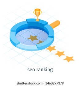 Seo ranking concept. Magnifying glass, stars and golden cup. Isometric vector illustration