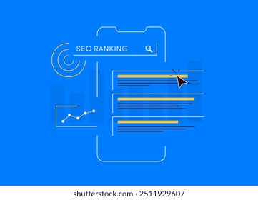 Concepto de clasificación SEO. Optimización de motores de búsqueda con tráfico de Sitio web, Palabras claves principales, backlinks y mejora de SERP. Estrategia de marketing digital de crecimiento orgánico. Ilustración vectorial de contorno aislada