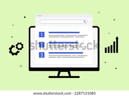 SEO Ranking factors concept. Search engine results page. Top seo ranking with high-quality content, targeted keywords, authoritative backlinks, and effective behavioral SEO ranking strategies