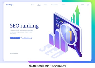 SEO ranking isometric landing page. Search engine optimization technology, internet marketing and digital business content. Computer device desktop with analysis chart and glass, 3d vector web banner