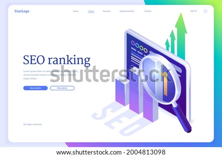 SEO ranking isometric landing page. Search engine optimization technology, internet marketing and digital business content. Computer device desktop with analysis chart and glass, 3d vector web banner