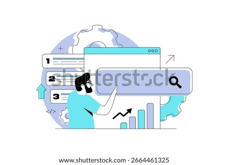 SEO ranking optimization concept with search bar, analytics charts and gear settings. SEO ranking optimization illustration for website traffic growth, keyword strategy and SERP improvement