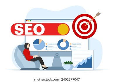 SEO ranking position change concept, search screen page with magnifying glass, Flat design style vector illustration, SEO, Search Engine Optimization, Top ranking concept, Flat Vector illustration.