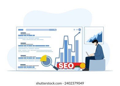 SEO ranking position change concept, search screen page with magnifying glass, Flat design style vector illustration, SEO, Search Engine Optimization, Top ranking concept, Flat Vector illustration.