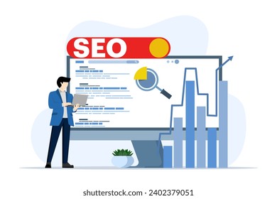 SEO ranking position change concept, search screen page with magnifying glass, Flat design style vector illustration, SEO, Search Engine Optimization, Top ranking concept, Flat Vector illustration.