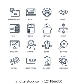 SEO Ranking, report, Reputation, seo Tags, Seo Tools, Web development, UX De, Simulation, Software outline vector icons from 16 set