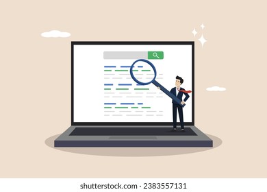 SEO ranking, search engine optimization to increase the position of search results to the top, entrepreneurs move the website ranking on the search results page. Businessman illustration.