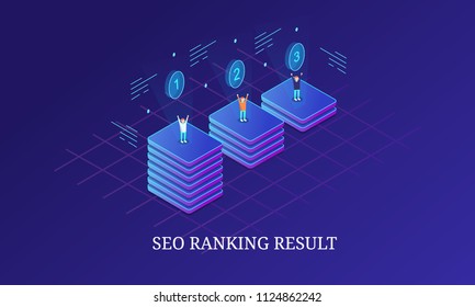 SEO ranking, Search engine result - 3D style isometric banner with icons