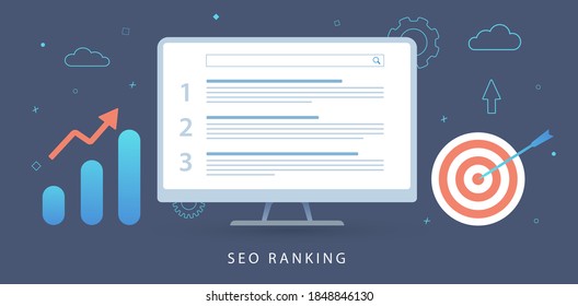 Clasificación SEO, concepto de páginas de resultados de motores de búsqueda (SERP). Herramienta de análisis de marketing, informe de auditoría de clasificación de palabras clave e informe de auditoría de clasificación de vector plana con iconos.