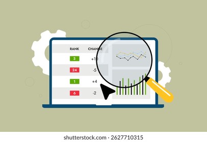 Interface de ferramenta de classificação de SEO com painel de controle de palavras-chave, rastreador de classificação do mecanismo de pesquisa, posições de palavras-chave de monitoramento, análise de desempenho de classificação e ilustração de vetor de relatório de pesquisa