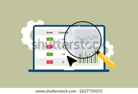 SEO ranking tool interface with keyword tracking dashboard, search engine rank tracker, monitoring keyword positions, ranking performance analysis and search report vector illustration