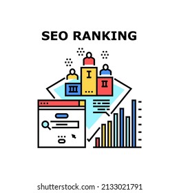 Seo Ranking Vector Icon Concept. Seo Ranking Position After Researching Digital Internet Business Content, Analyzing Infographic. Marketing And Optimization Technology Color Illustration