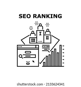 Concepto de icono de vectores de clasificación de Seo. Posición de clasificación tras investigar el contenido de los negocios de Internet digital, analizando la infografía. Tecnología De Marketing Y Optimización Ilustración Negra