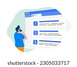 SEO Rankings concept. Man analyzing top search engine result page and think how rank website higher. Improve seo ranking with effective strategies - high-quality content, backlinks, targeted keywords