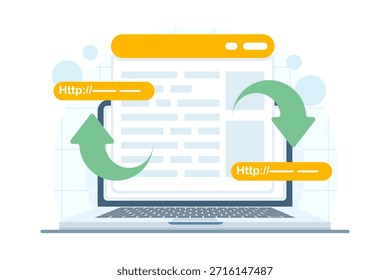 Redirección SEO y concepto de migración de Sitio web. Ilustración vectorial para redirección de URL, movimiento de sitio, preservación de ranking de búsqueda y estrategia SEO técnica.