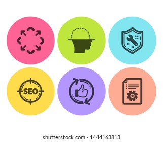 Seo, Refresh like and Spanner icons simple set. Maximize, Face scanning and Technical documentation signs. Search target, Thumbs up counter. Technology set. Flat seo icon. Circle button. Vector