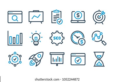 SEO related line icon set. Search Engine Optimization and Marketing vector icons.