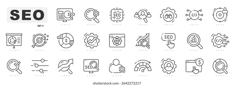 SEO related line icons. Search, marketing, research, optimize etc. Editable stroke