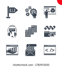 SEO Related Vector Glyph Icons Set. Isolated on White Background. Coding, mailing, income, expenses, language, support, presentation, touchscreen optimization, succes. Editable