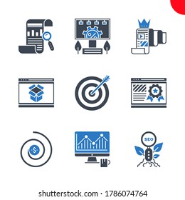 SEO Related Vector Glyph Icons Set. Report, organic seo, monitoring, return on investment, page quality, keyword targeting, seo pakages, quality content, adverting service. Editable