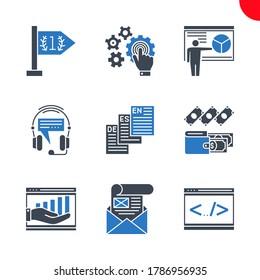SEO Related Vector Glyph Icons Set. Isolated on White Background. Coding, mailing, income, expenses, language, support, presentation, touchscreen optimization, succes. Editable