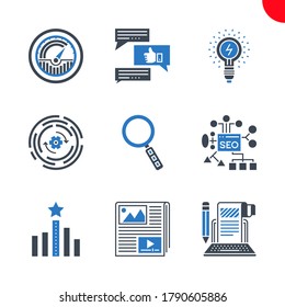 SEO Related Vector Glyph Icons Set. Isolated on White Background. Seo planing, article submission, traffic, content, update, idea, feedback, search, ranking. Editable