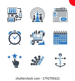 SEO Related Vector Glyph Icons Set. Colors, reputation, events calendar, seo monitoring, internet marketing strategy, anchor text, campaign timing, blogging services, responsive web design. Editable