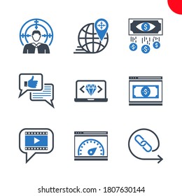 SEO Related Vector Glyph Icons Set. Target audience, video marketing, backlinks, landing page, clean code, perfomance, social engagement, cost per impression. Editable