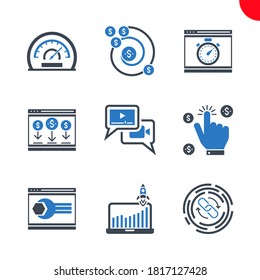 SEO Related Vector Glyph Icons Set. Website optimization, efficiency, growth traffic, pay per click, landing page, backlinks, return on investment, seo perfomance, video marketing. Editable