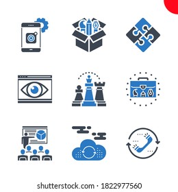 SEO Related Vector Glyph Icons Set. Mobile apps development, cloud computing, seo training, strategy, portfolio demonstration, creative package, contact, global solution, web visiblity. 