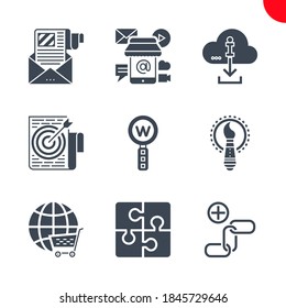 SEO Related Vector Glyph Icons Set. Global solution, creative service, e-commerce, keyword research, link building, target keywords, download information, mobile marketing, e-mail marketing. 