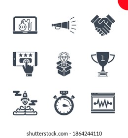 SEO Related Vector Glyph Icons Set. Victory strategy, creative package, customer reviews, award, promotion, testing programming, campaign timing, seo perfomance, partners. 