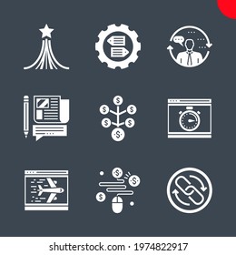 SEO Related Vector Glyph Icons Set. Pay per click, press relise, return on investment, landing page, backlinks, perfomance, consulting, strategy for victory, seo tag optimization.