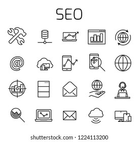 SEO related vector icon set. Well-crafted sign in thin line style with editable stroke. Vector symbols isolated on a white background. Simple pictograms.