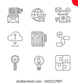 SEO Related Vector Line Icons. Global solution, creative service, e-commerce, keyword research, link building, target keywords, download information, mobile marketing, e-mail marketing Editable Stroke