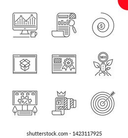 SEO Related Vector Line Icons Set. Report, organic seo, monitoring, return on investment, page quality, keyword targeting, seo pakages, quality content, adverting service. Editable Stroke