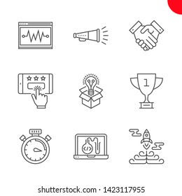 SEO Related Vector Line Icons Set. Victory strategy, creative package, customer reviews, award, promotion, testing programming, campaign timing, seo perfomance, partners. Editable Stroke