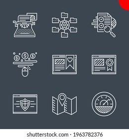 SEO Related Vector Line Icons Set. Isolated on Black Background. Website ranking, copywriting, efficiency, pay per click, web security, local seo, seo audit, data management, favorites. Editable Strok