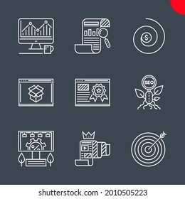 SEO Related Vector Line Icons Set. Report, organic seo, monitoring, return on investment, page quality, keyword targeting, seo pakages, quality content, adverting service. Editable Stroke