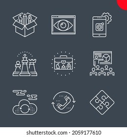 SEO Related Vector Line Icons Set. Mobile apps development, cloud computing, seo training, strategy, portfolio demonstration, creative package, contact, global solution, web visiblity. Editable Stroke