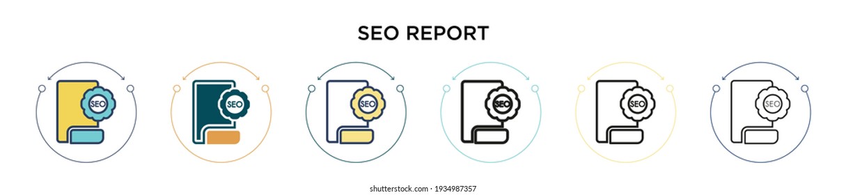 Seo Report Icon in gefüllt, dünne Linie, Umriss und Strich Stil. Vektorgrafik zweier farbiger und schwarzer Seo-Report-Vektorsymbole für mobile, iPhone-, web-basierte